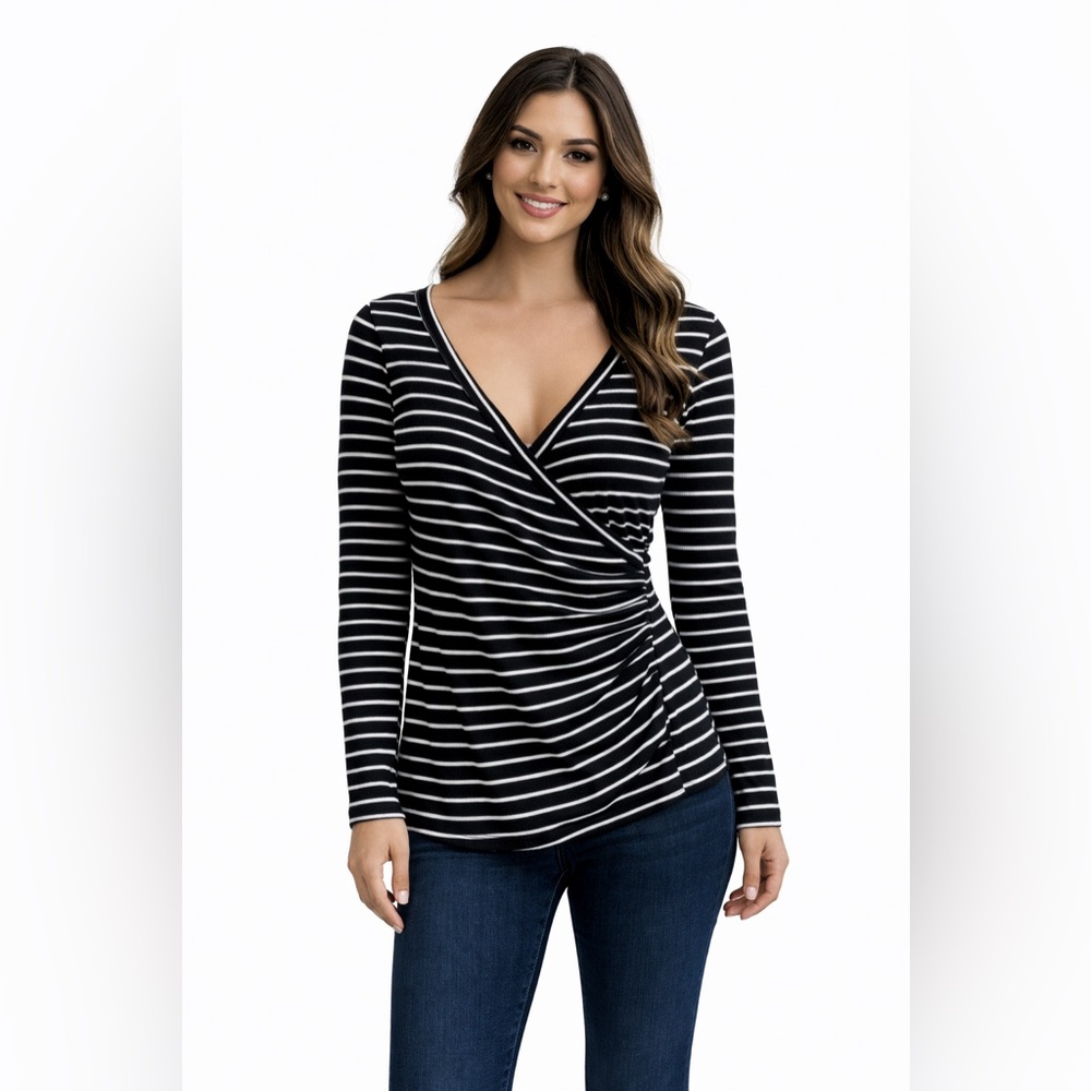 Black White Stripe Ruched Side Faux Wrap Top